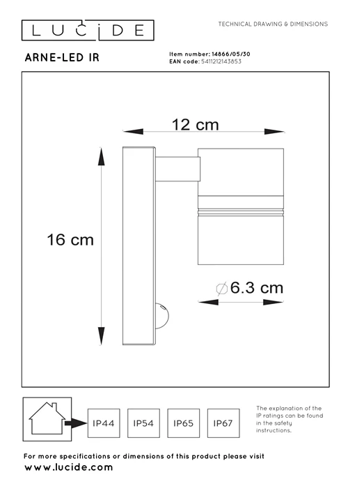 Lucide ARNE-LED IR - Wandspot / Wandlamp Binnen/Buiten - Ø 6,3 cm - LED - GU10 - 1x5W 2700K - IP44 - Beweging & dag/nacht sensor - Zwart - technisch